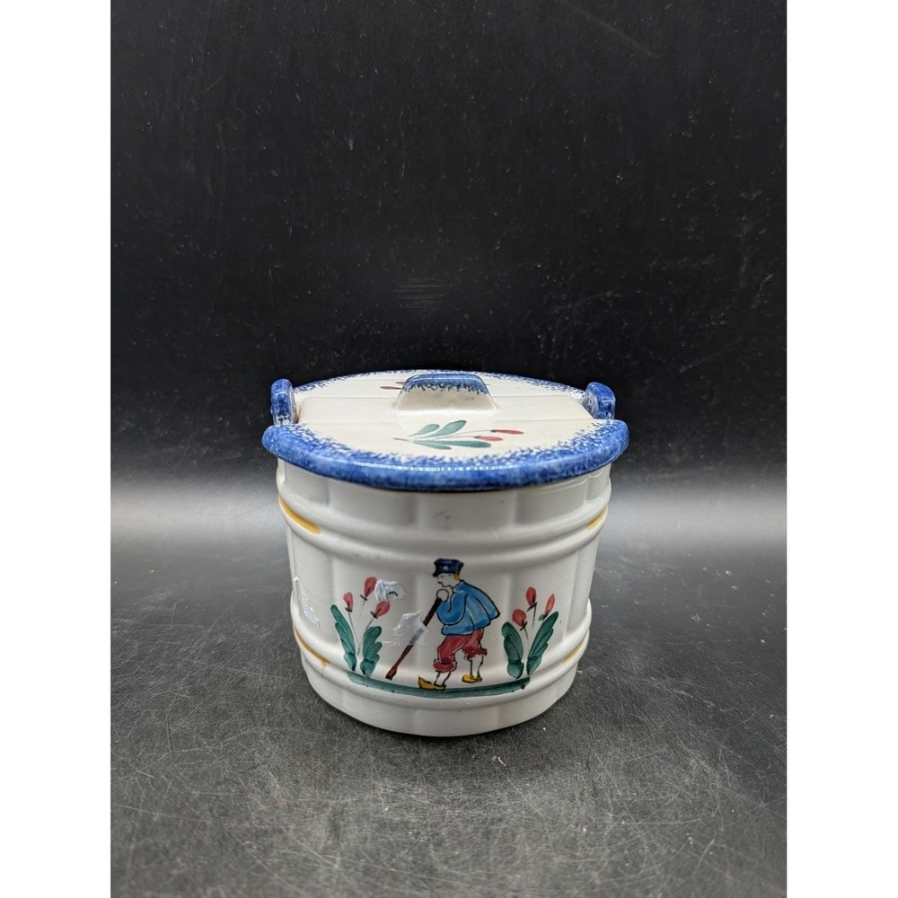Faiencerie de Pornic Rouen French Faience Lidded Sugar Bowl Hand Painted Peasant